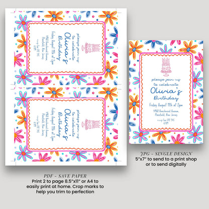 Colourful Flower Birthday Invitation, Doodle Daisy Birthday Party Invite, Fun Floral Birthday Invitation, Editable Printable Template