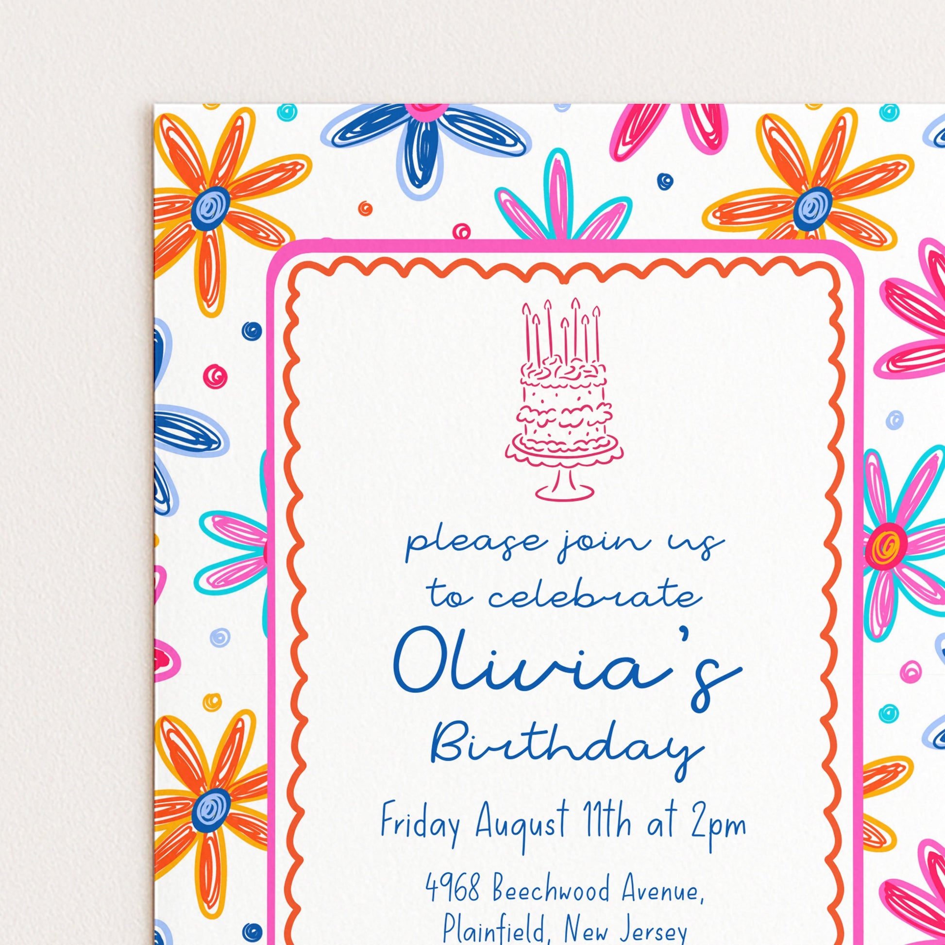 Colourful Flower Birthday Invitation, Doodle Daisy Birthday Party Invite, Fun Floral Birthday Invitation, Editable Printable Template