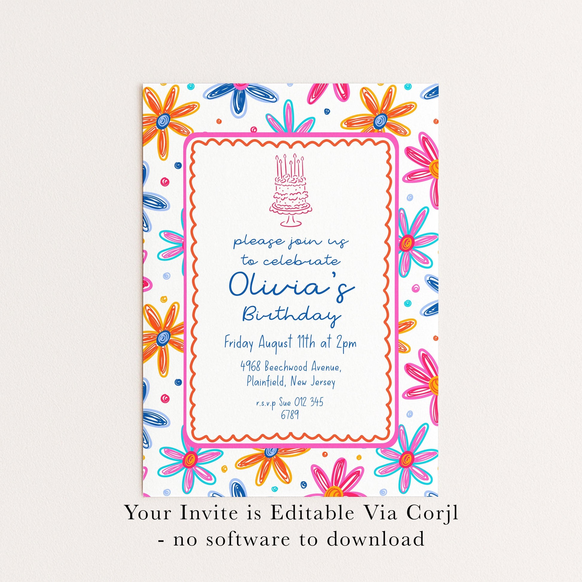 Colourful Flower Birthday Invitation, Doodle Daisy Birthday Party Invite, Fun Floral Birthday Invitation, Editable Printable Template