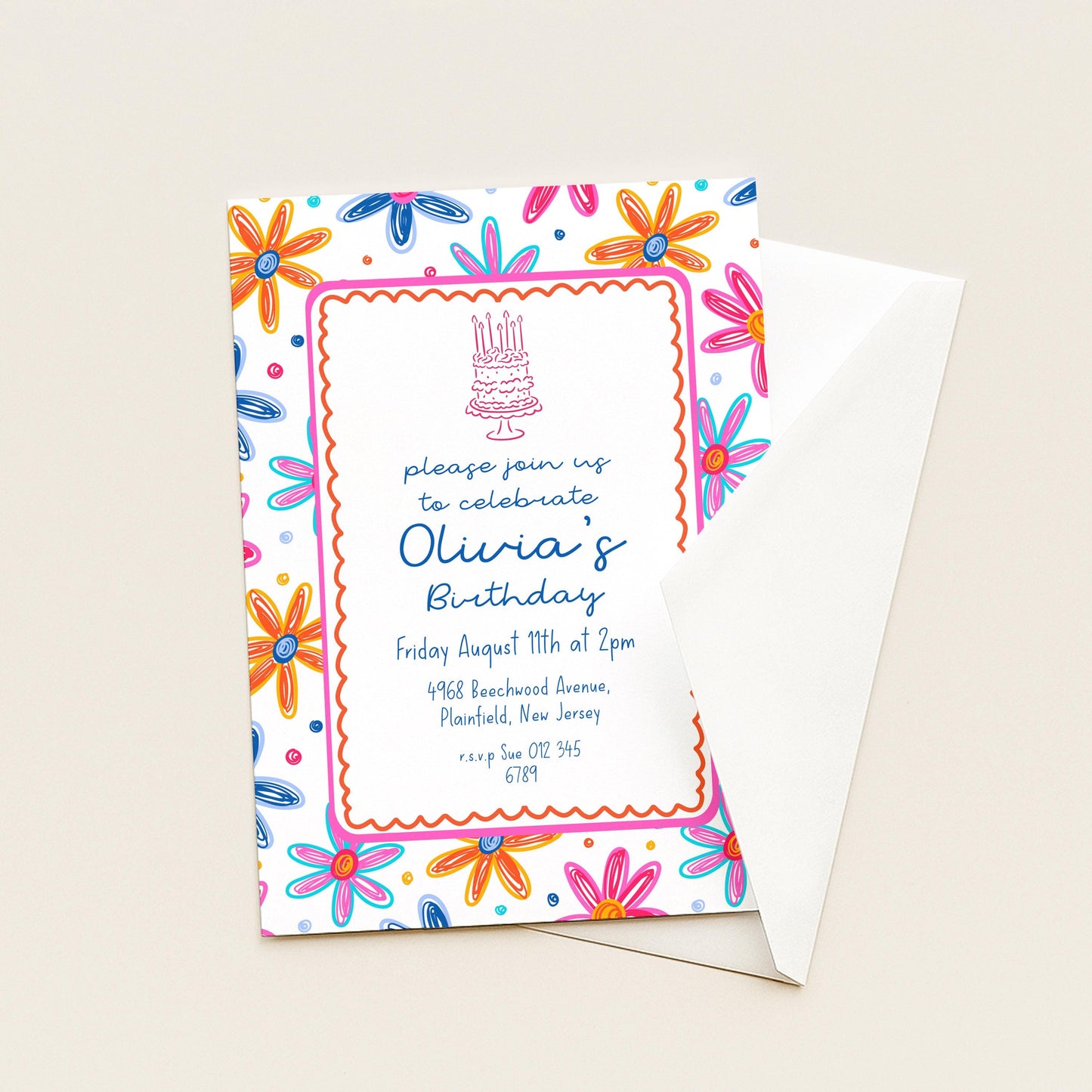 Colourful Flower Birthday Invitation, Doodle Daisy Birthday Party Invite, Fun Floral Birthday Invitation, Editable Printable Template