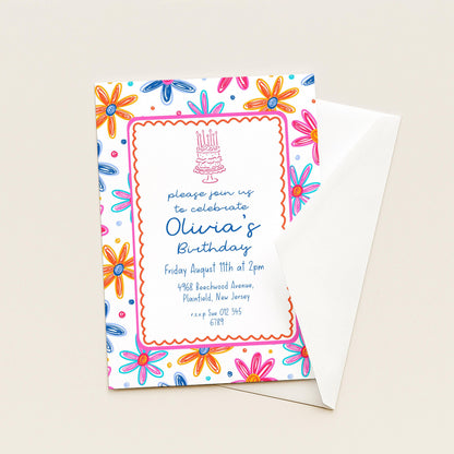 Colourful Flower Birthday Invitation, Doodle Daisy Birthday Party Invite, Fun Floral Birthday Invitation, Editable Printable Template