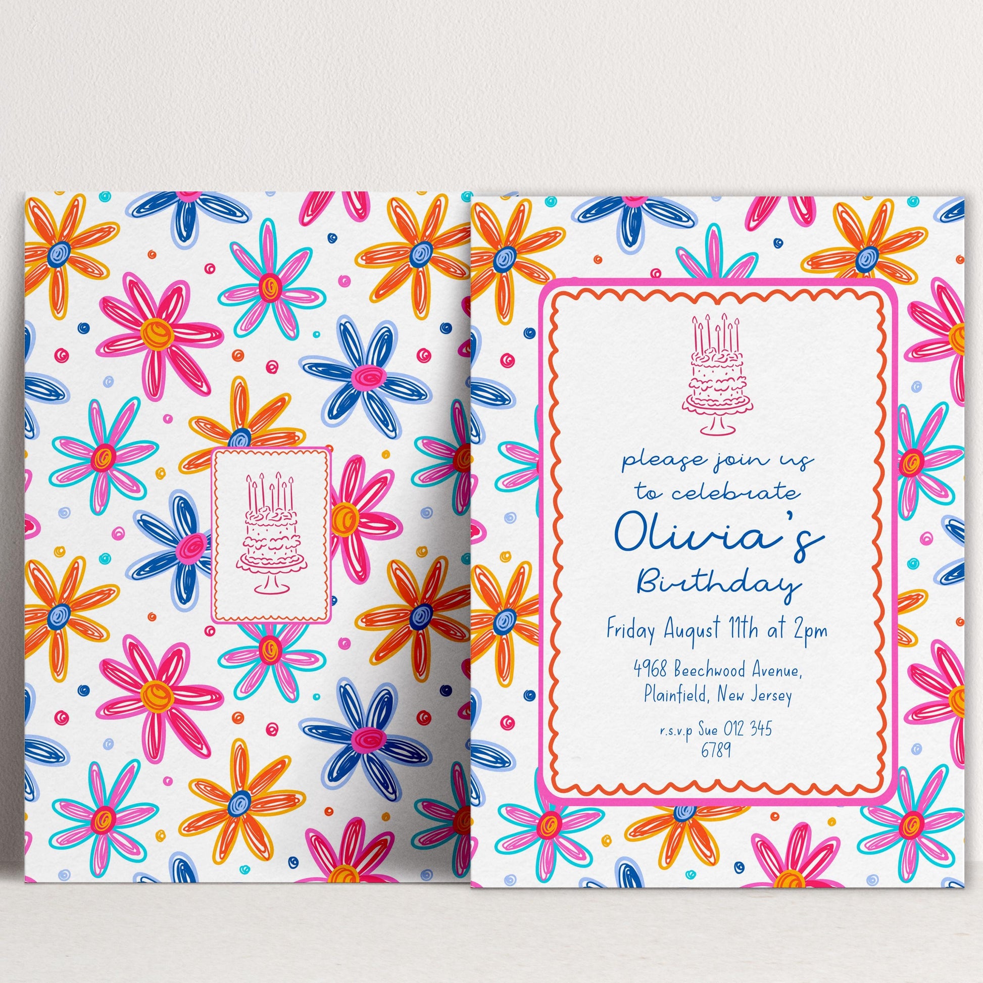 Colourful Flower Birthday Invitation, Doodle Daisy Birthday Party Invite, Fun Floral Birthday Invitation, Editable Printable Template