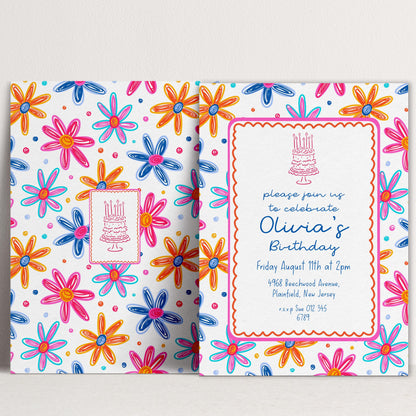 Colourful Flower Birthday Invitation, Doodle Daisy Birthday Party Invite, Fun Floral Birthday Invitation, Editable Printable Template