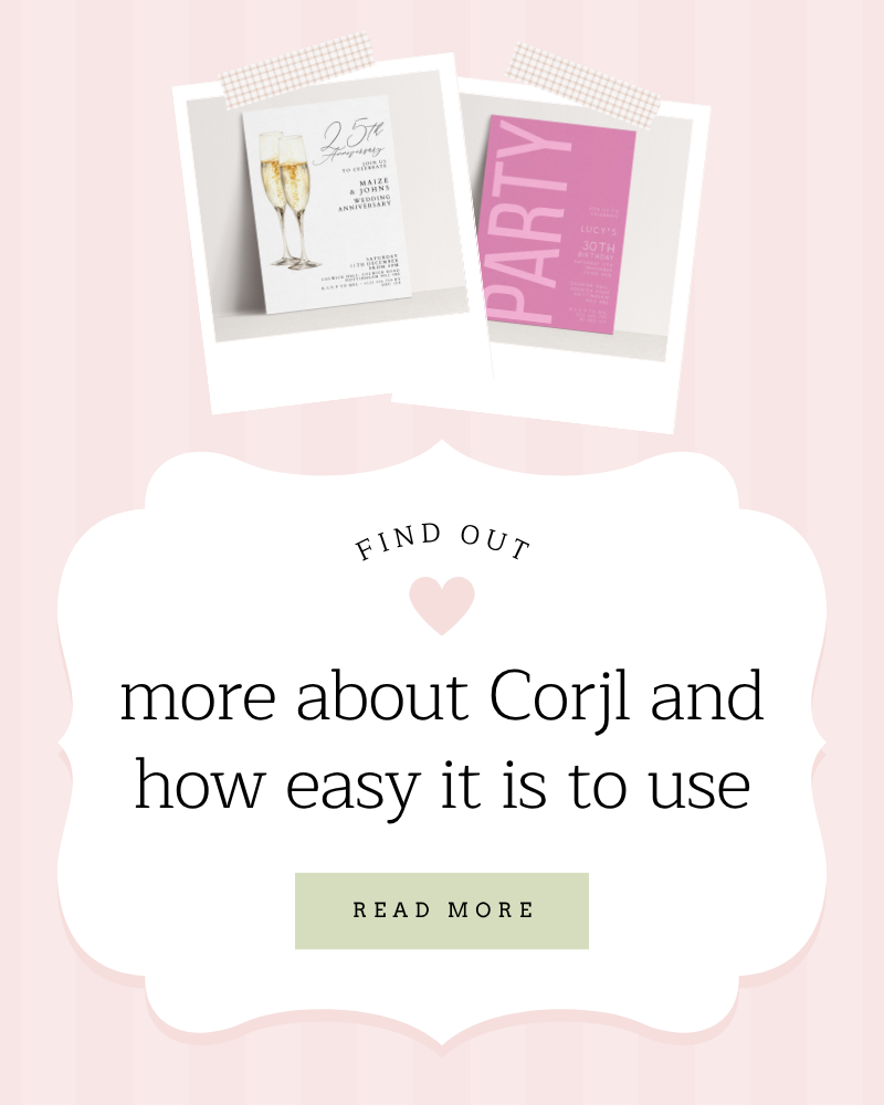 Promotional graphic for Corjl with party invitations on a pink background