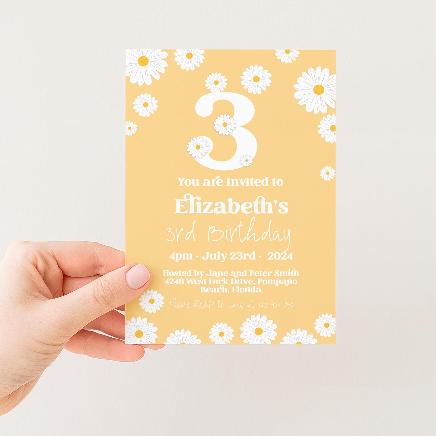 Daisy 3rd Birthday Invitation Template, Editable Yellow Floral Party Invite, Cute Girl’s Spring or Summer Birthday, Digital Download