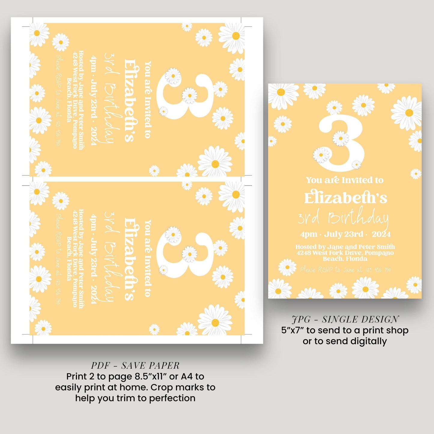 Daisy 3rd Birthday Invitation Template, Editable Yellow Floral Party Invite, Cute Girl’s Spring or Summer Birthday, Digital Download