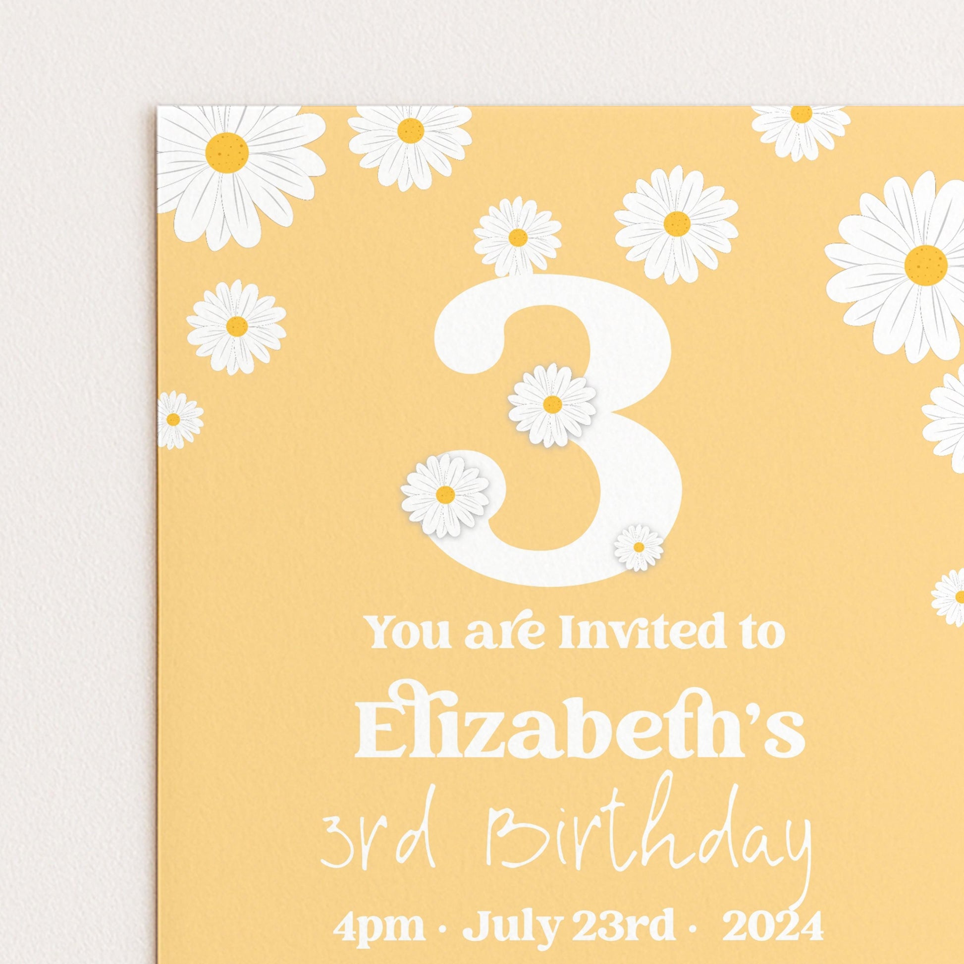 Daisy 3rd Birthday Invitation Template, Editable Yellow Floral Party Invite, Cute Girl’s Spring or Summer Birthday, Digital Download