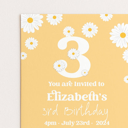 Daisy 3rd Birthday Invitation Template, Editable Yellow Floral Party Invite, Cute Girl’s Spring or Summer Birthday, Digital Download
