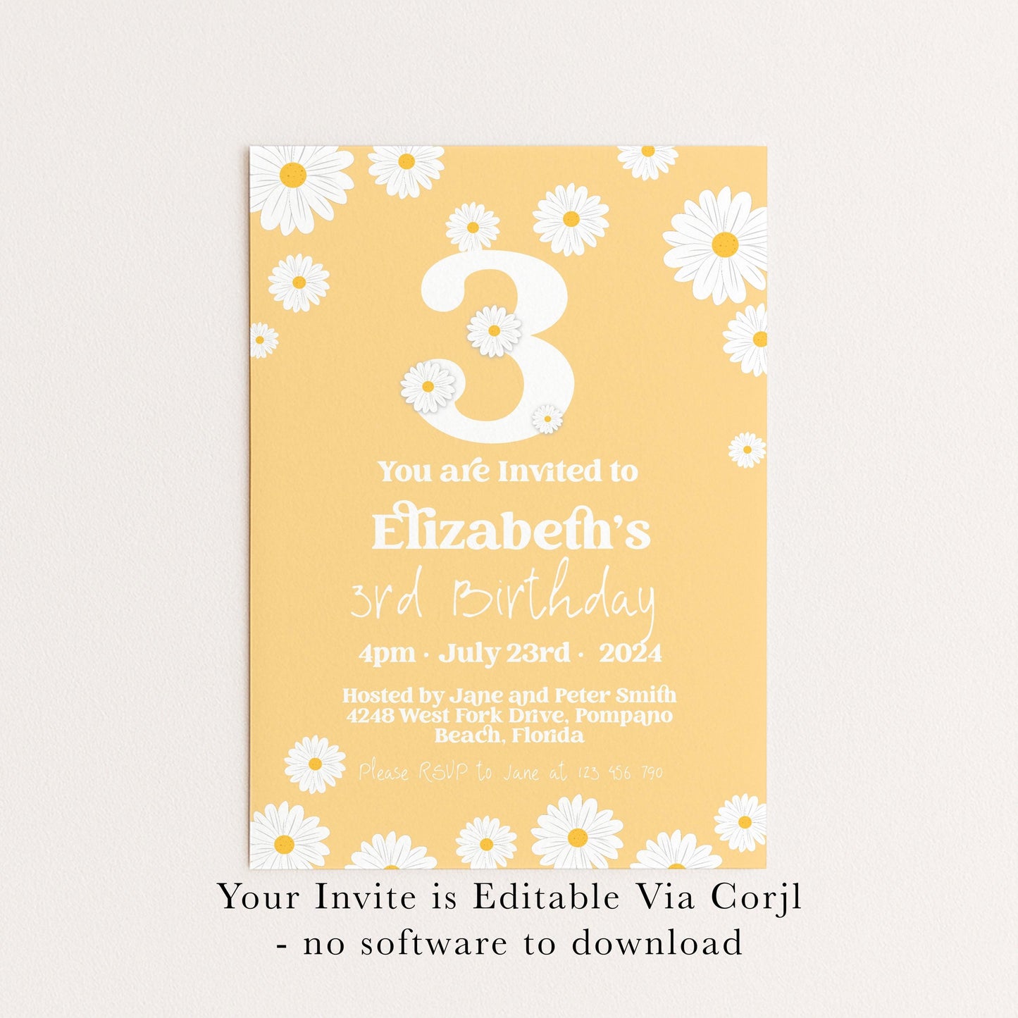 Daisy 3rd Birthday Invitation Template, Editable Yellow Floral Party Invite, Cute Girl’s Spring or Summer Birthday, Digital Download