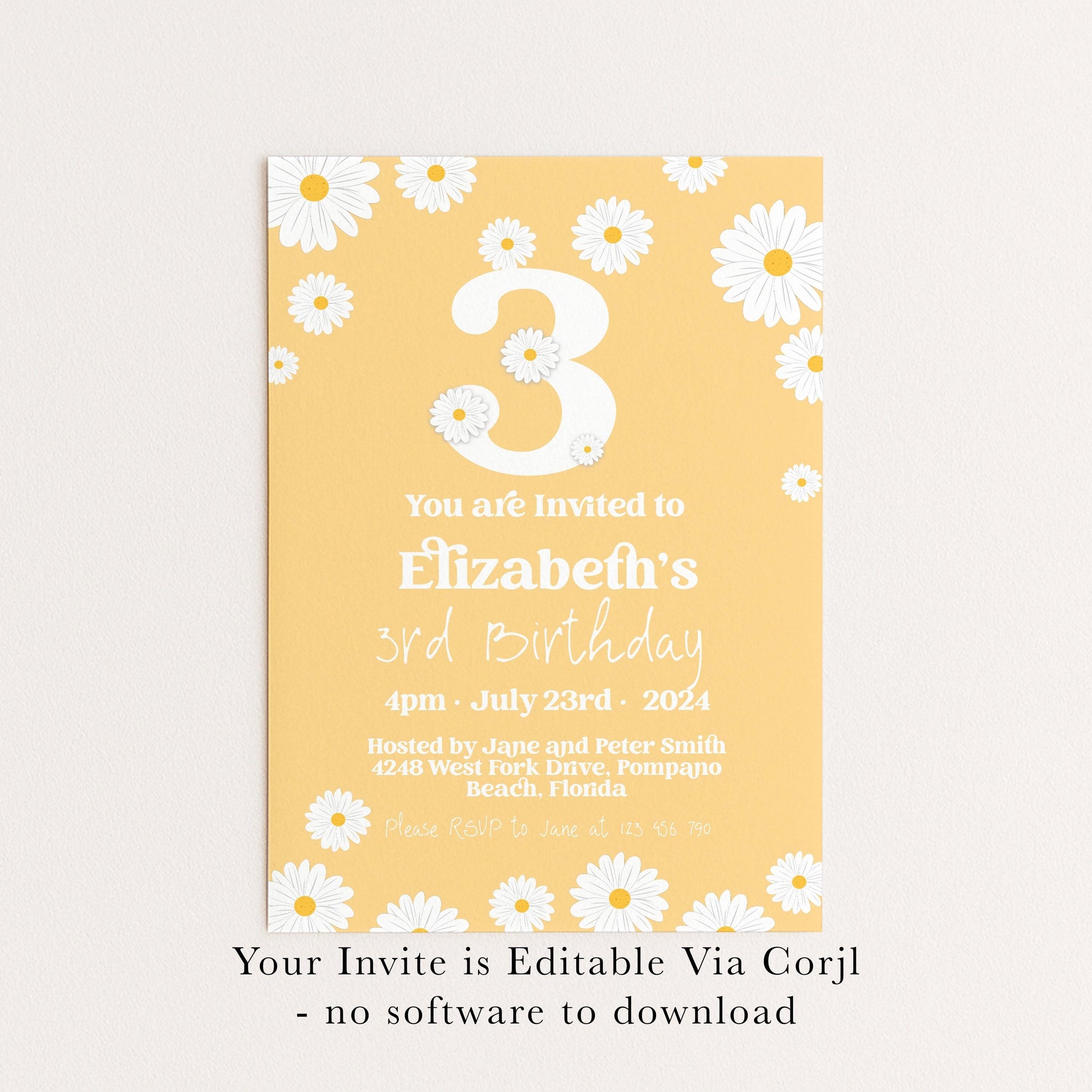 Daisy 3rd Birthday Invitation Template, Editable Yellow Floral Party Invite, Cute Girl’s Spring or Summer Birthday, Digital Download