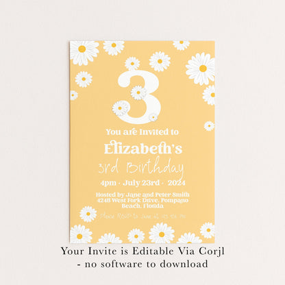 Daisy 3rd Birthday Invitation Template, Editable Yellow Floral Party Invite, Cute Girl’s Spring or Summer Birthday, Digital Download