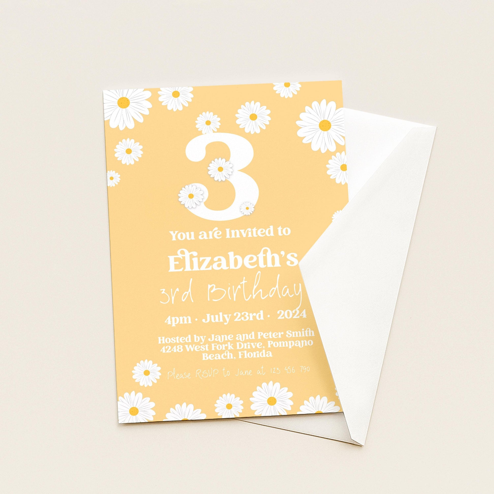 Daisy 3rd Birthday Invitation Template, Editable Yellow Floral Party Invite, Cute Girl’s Spring or Summer Birthday, Digital Download