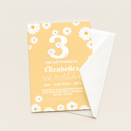 Daisy 3rd Birthday Invitation Template, Editable Yellow Floral Party Invite, Cute Girl’s Spring or Summer Birthday, Digital Download