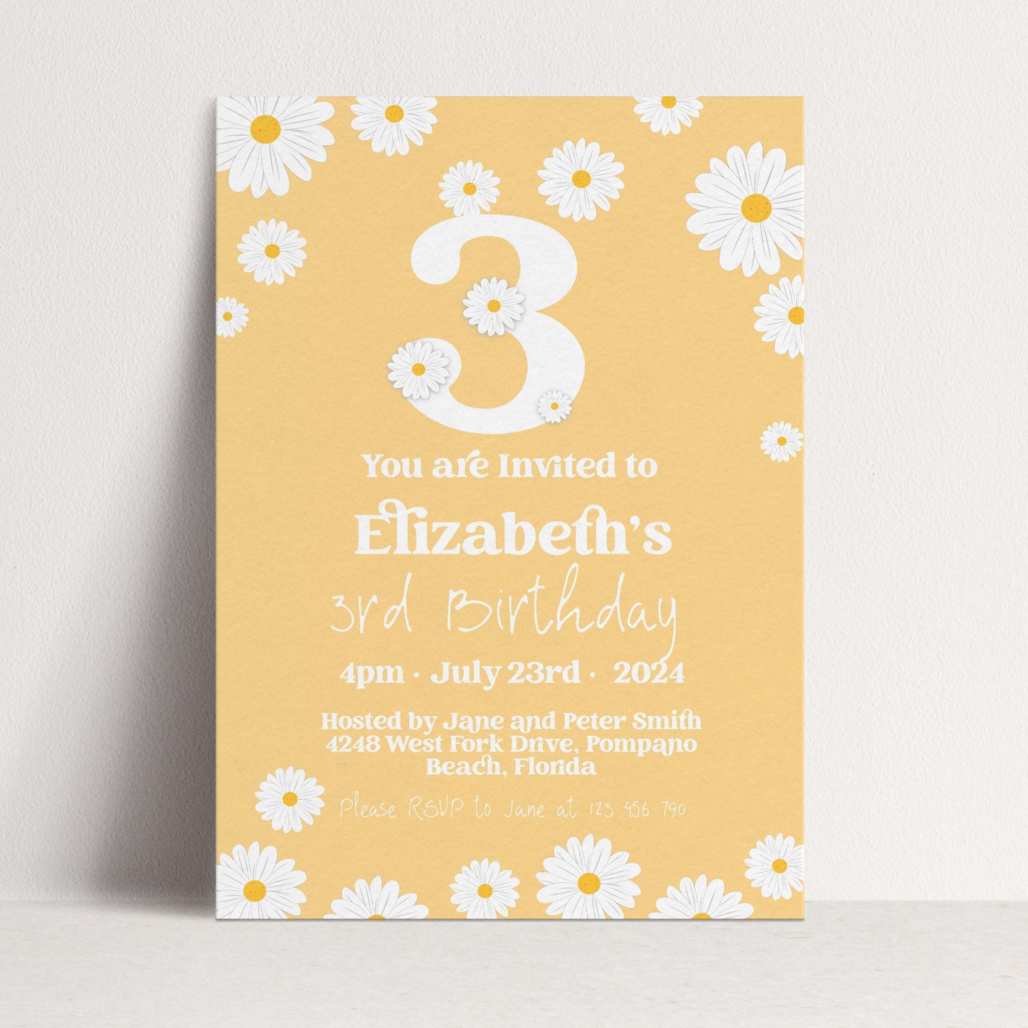 Daisy 3rd Birthday Invitation Template, Editable Yellow Floral Party Invite, Cute Girl’s Spring or Summer Birthday, Digital Download