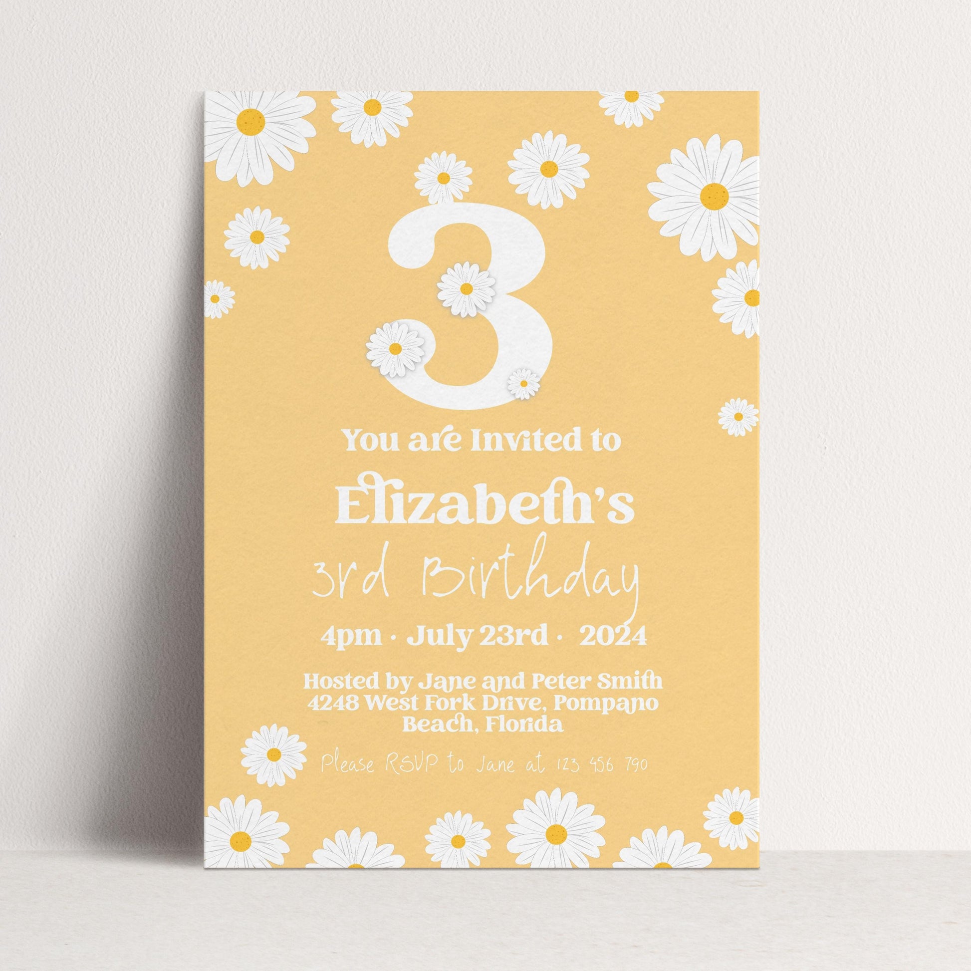 Daisy 3rd Birthday Invitation Template, Editable Yellow Floral Party Invite, Cute Girl’s Spring or Summer Birthday, Digital Download