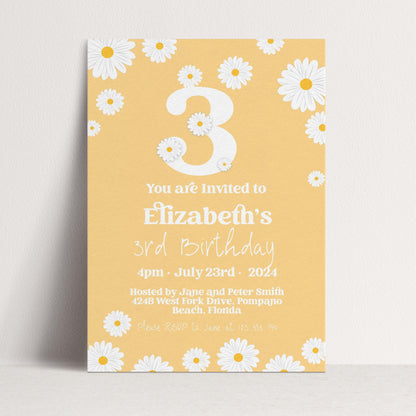 Daisy 3rd Birthday Invitation Template, Editable Yellow Floral Party Invite, Cute Girl’s Spring or Summer Birthday, Digital Download