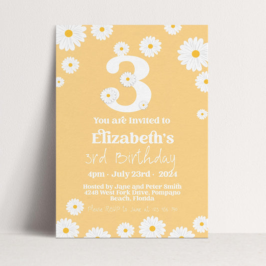 Daisy 3rd Birthday Invitation Template, Editable Yellow Floral Party Invite, Cute Girl’s Spring or Summer Birthday, Digital Download
