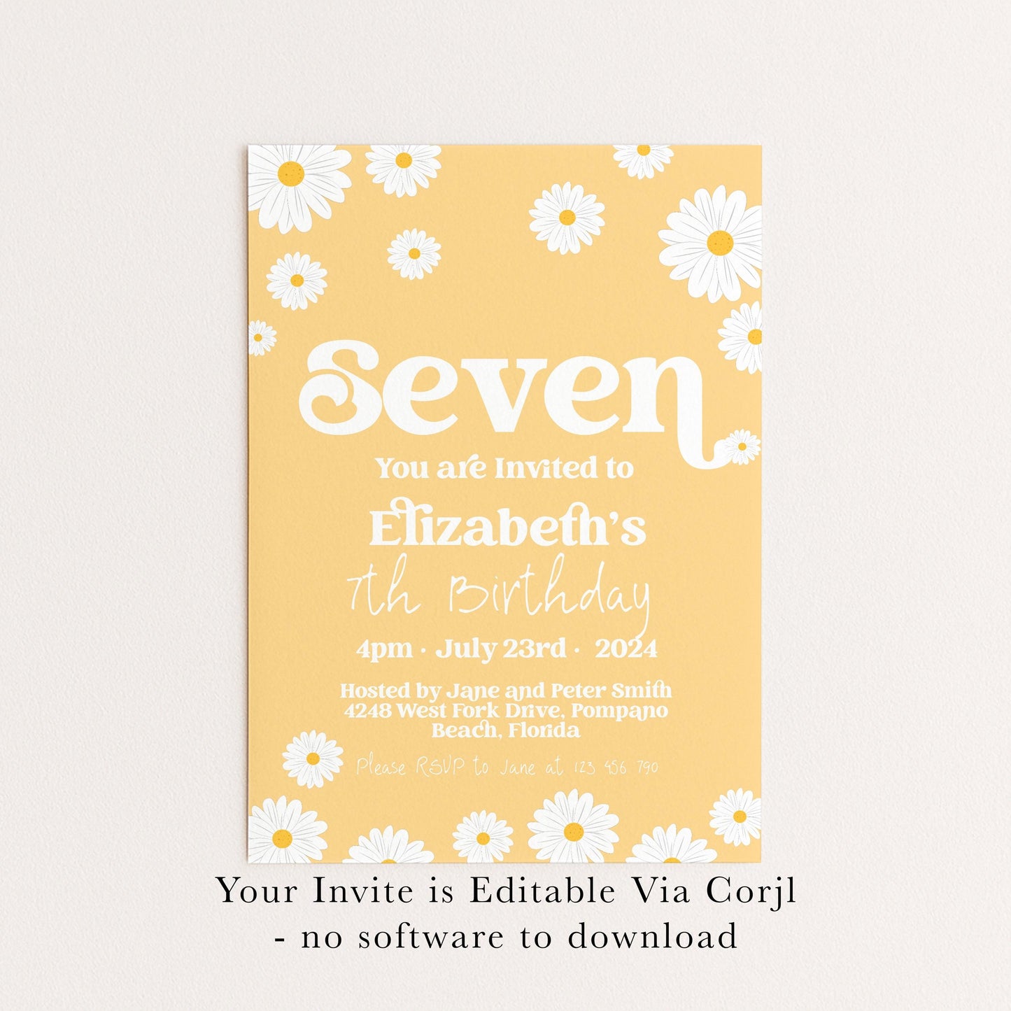 Daisy 7th Birthday Invitation Editable Template Yellow Daisy Invite For Her 7 Year Old Retro Invite Party Celebration Digital Download