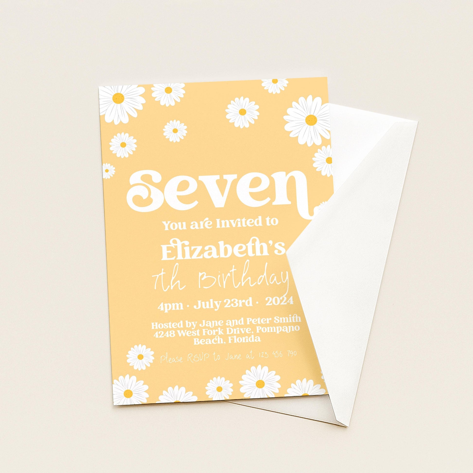 Daisy 7th Birthday Invitation Editable Template Yellow Daisy Invite For Her 7 Year Old Retro Invite Party Celebration Digital Download