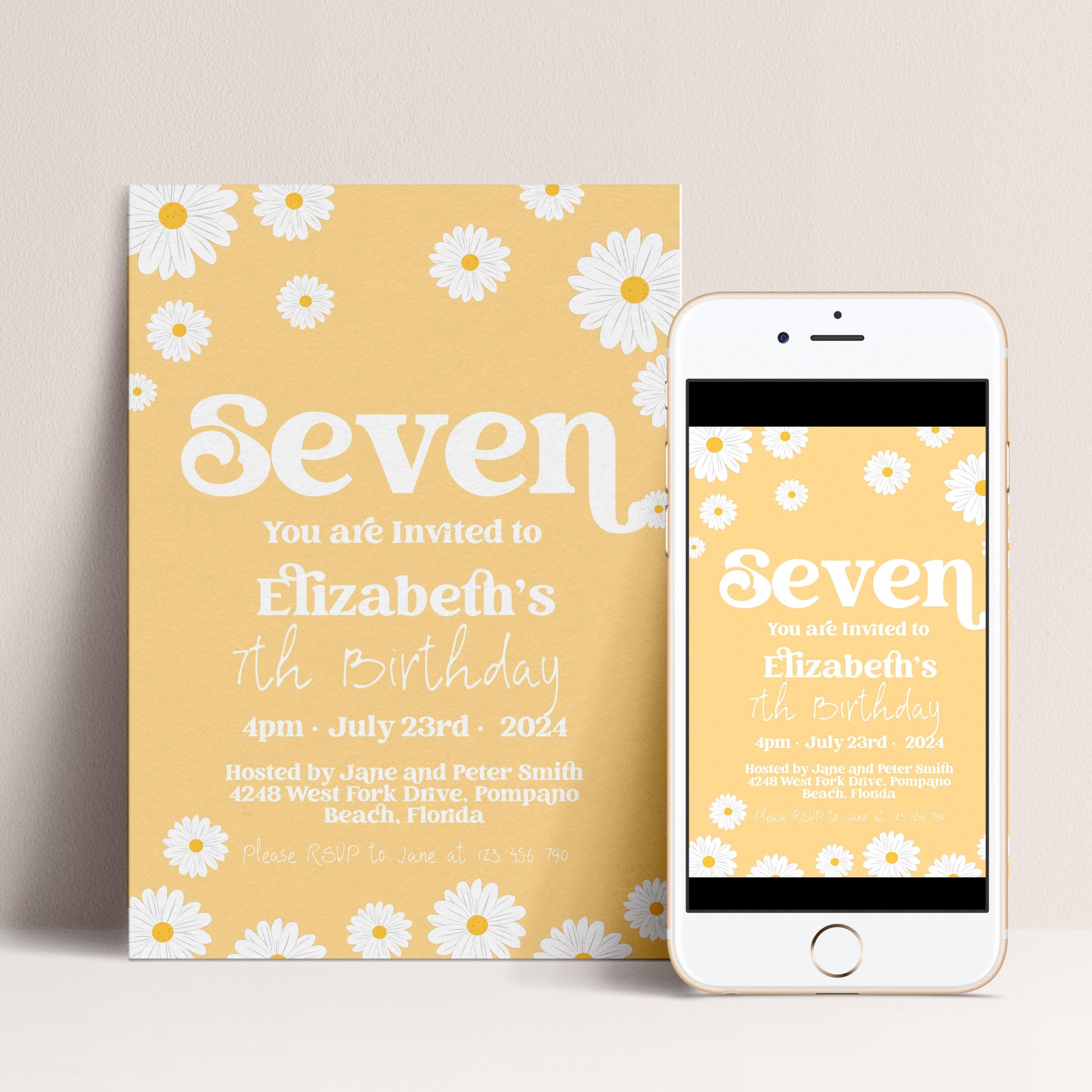 Daisy 7th Birthday Invitation Editable Template Yellow Daisy Invite For Her 7 Year Old Retro Invite Party Celebration Digital Download