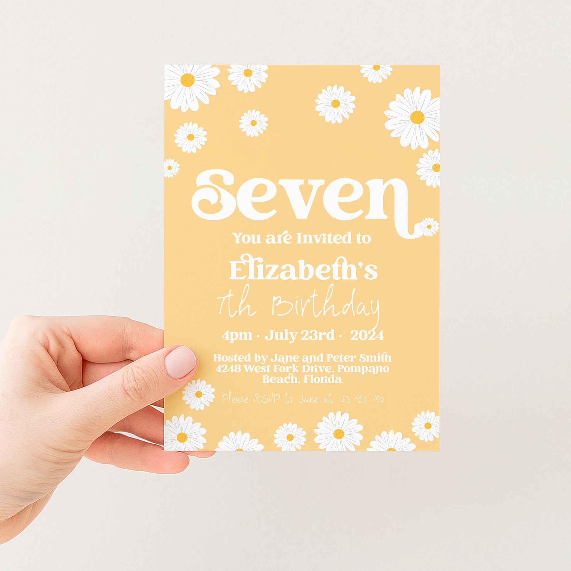 Daisy 7th Birthday Invitation Editable Template Yellow Daisy Invite For Her 7 Year Old Retro Invite Party Celebration Digital Download