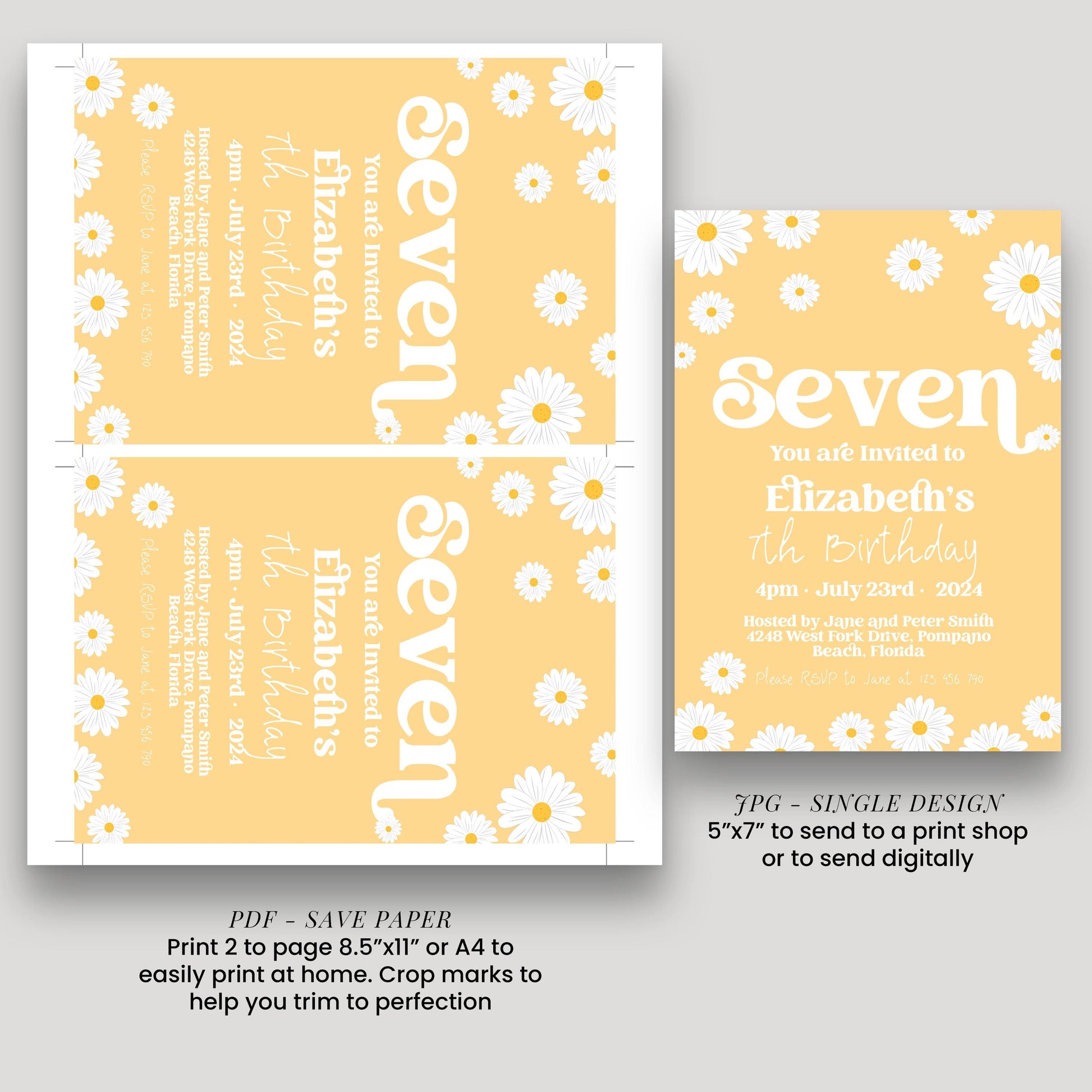 Daisy 7th Birthday Invitation Editable Template Yellow Daisy Invite For Her 7 Year Old Retro Invite Party Celebration Digital Download