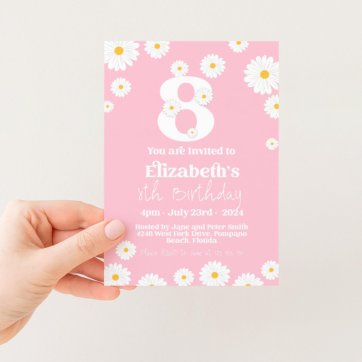 Editable Daisy 8th Birthday Invitation, Printable Kids Party Invite