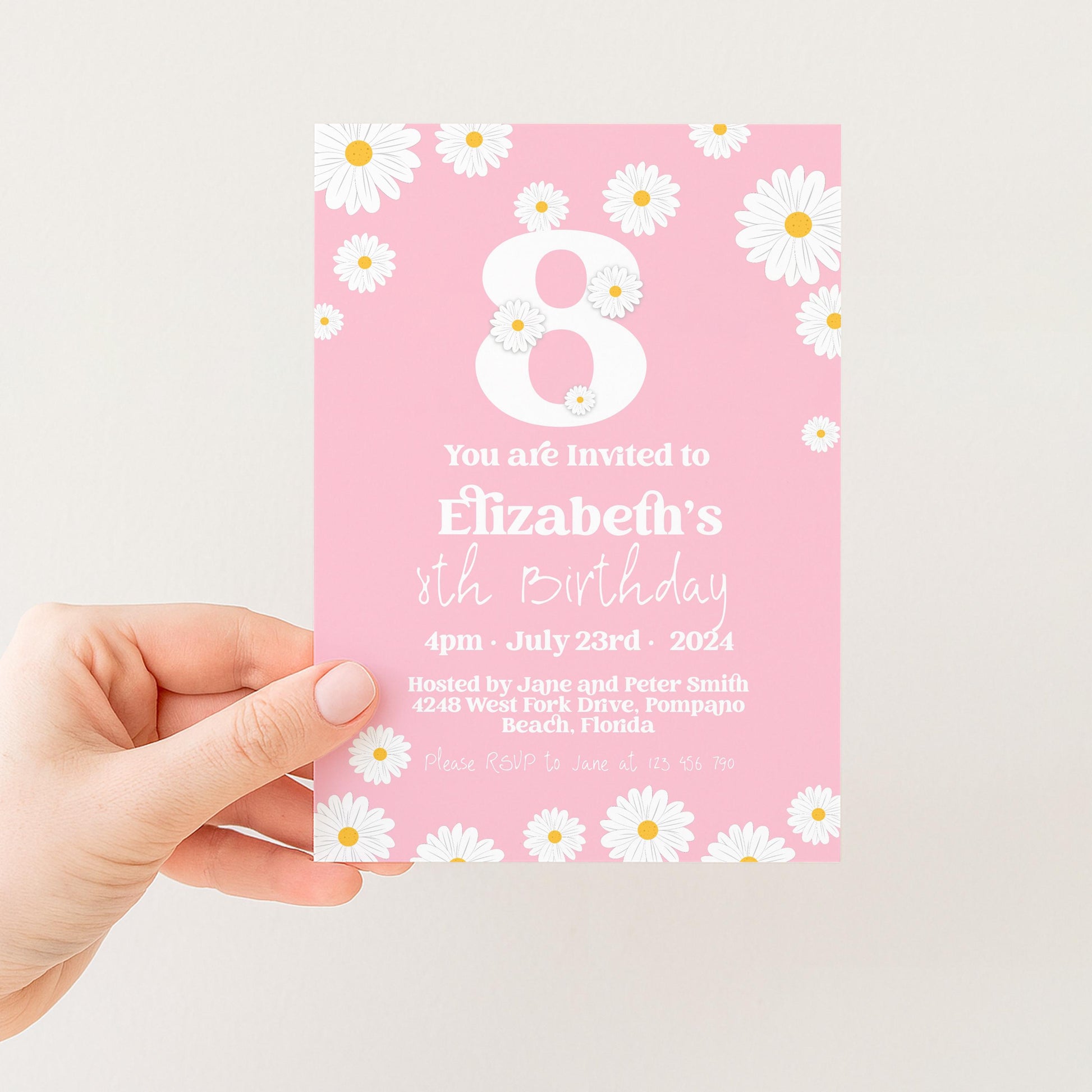 Editable Daisy 8th Birthday Invitation, Printable Kids Party Invite