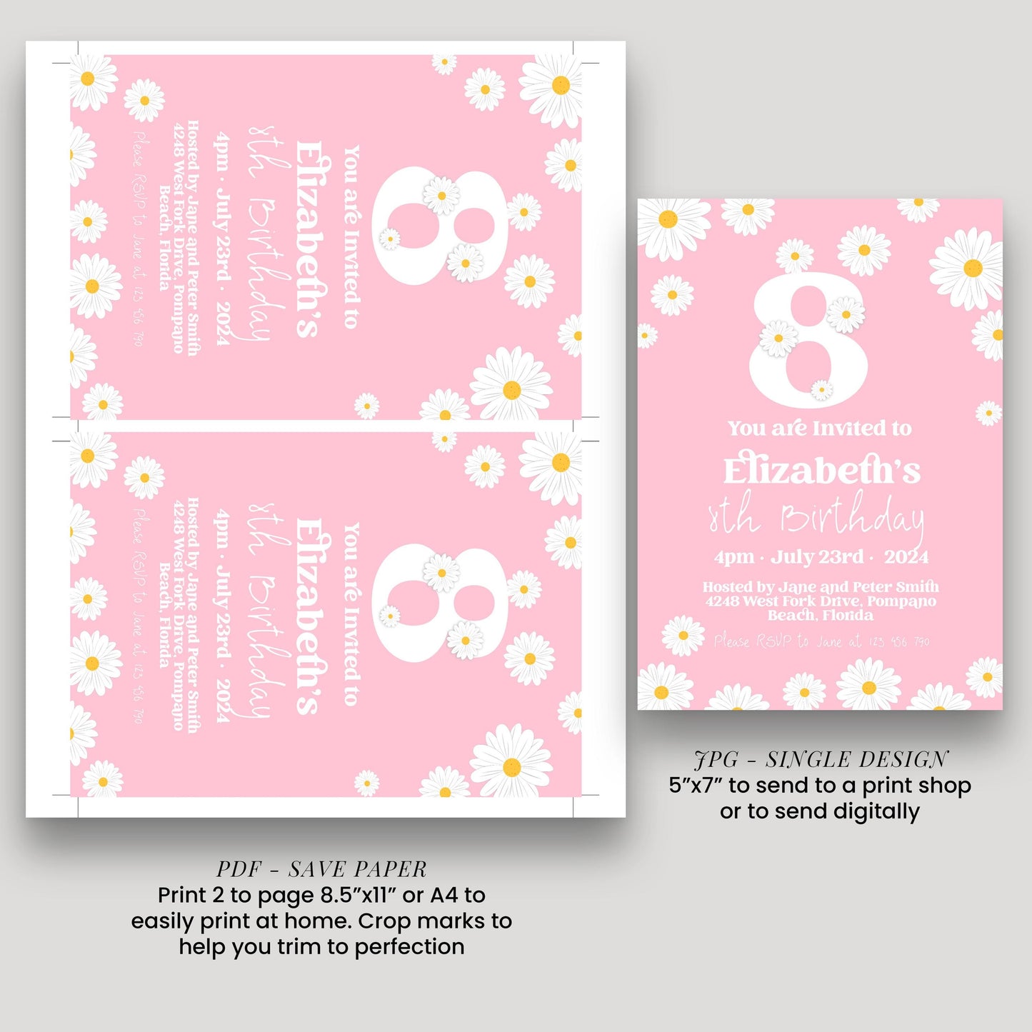 Editable Daisy 8th Birthday Invitation, Printable Kids Party Invite