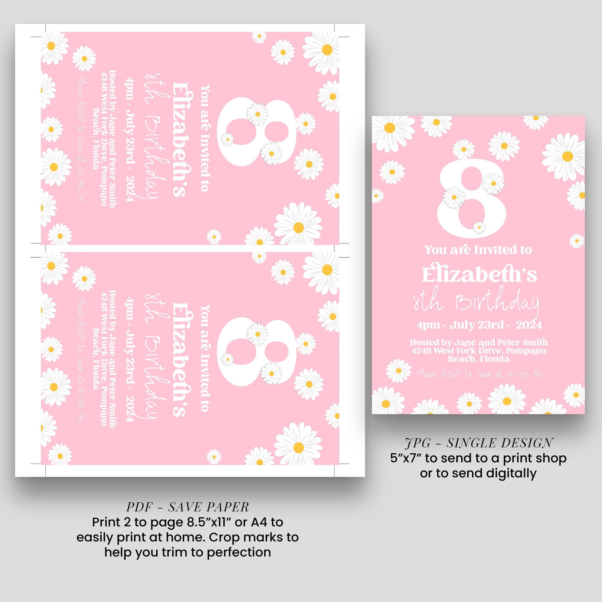 Editable Daisy 8th Birthday Invitation, Printable Kids Party Invite