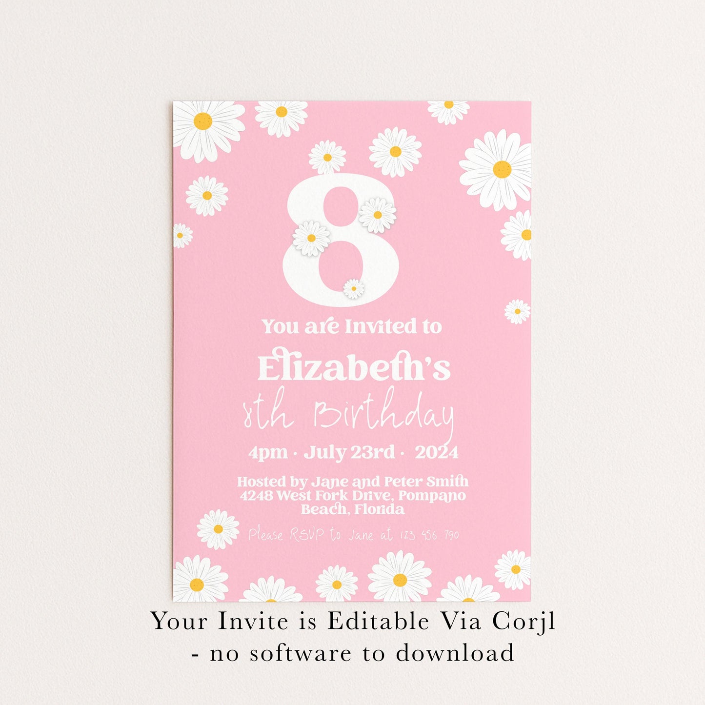 Editable Daisy 8th Birthday Invitation, Printable Kids Party Invite