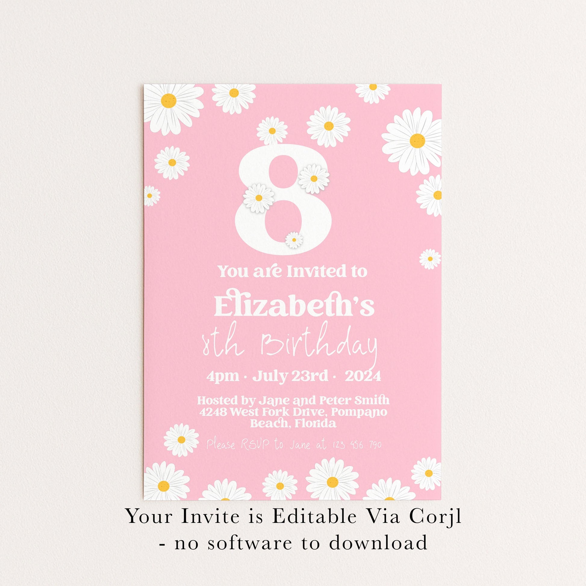 Editable Daisy 8th Birthday Invitation, Printable Kids Party Invite