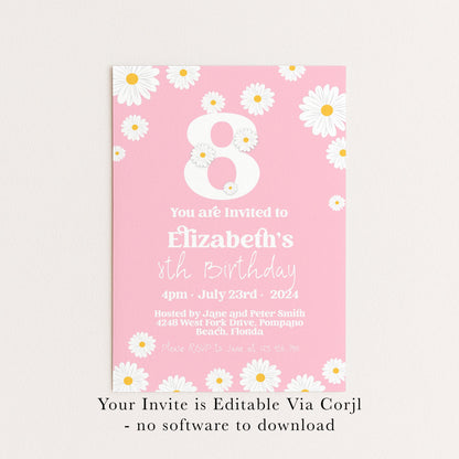 Editable Daisy 8th Birthday Invitation, Printable Kids Party Invite