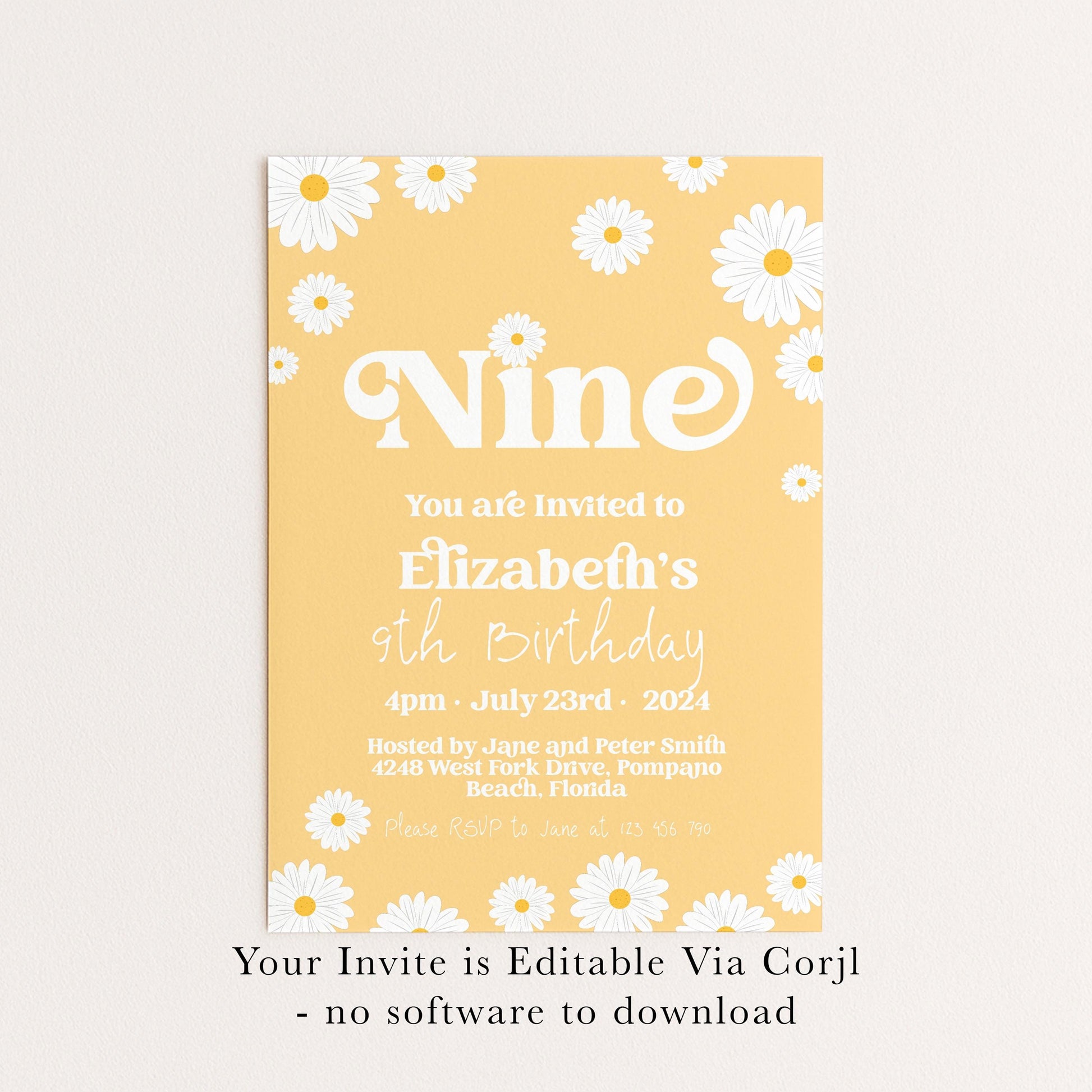 Daisy 8th Birthday Invitation Editable Template Yellow Daisy Invite For Her 8 Year Old Retro Invite Party Celebration Digital Download