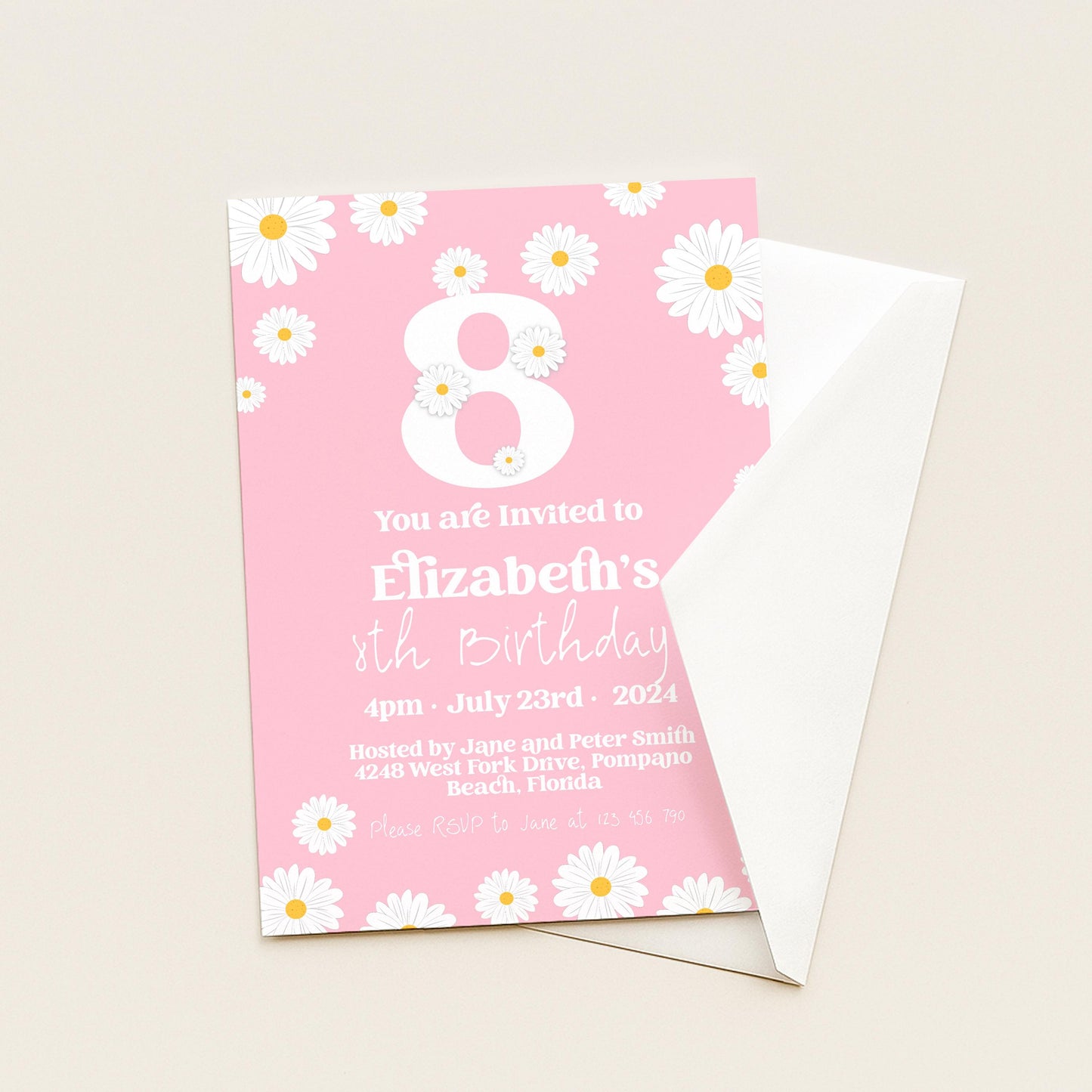 Editable Daisy 8th Birthday Invitation, Printable Kids Party Invite
