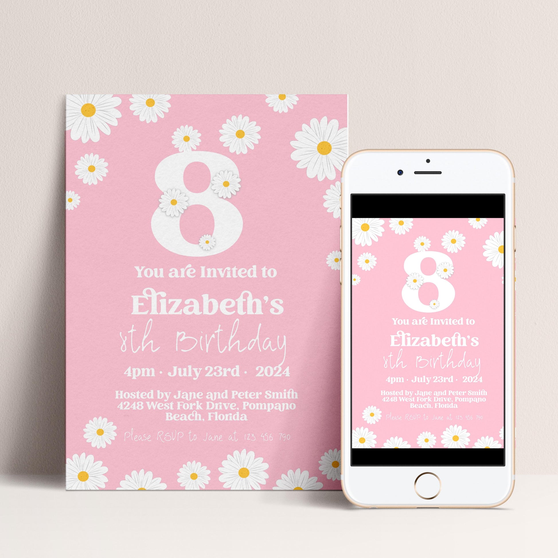 Editable Daisy 8th Birthday Invitation, Printable Kids Party Invite