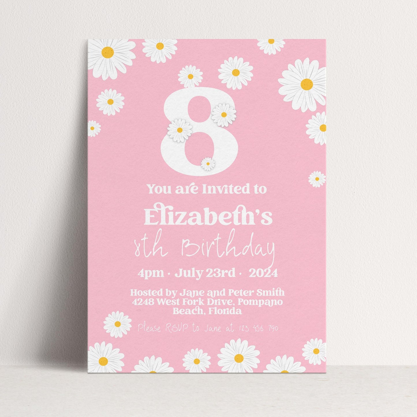 Editable Daisy 8th Birthday Invitation, Printable Kids Party Invite