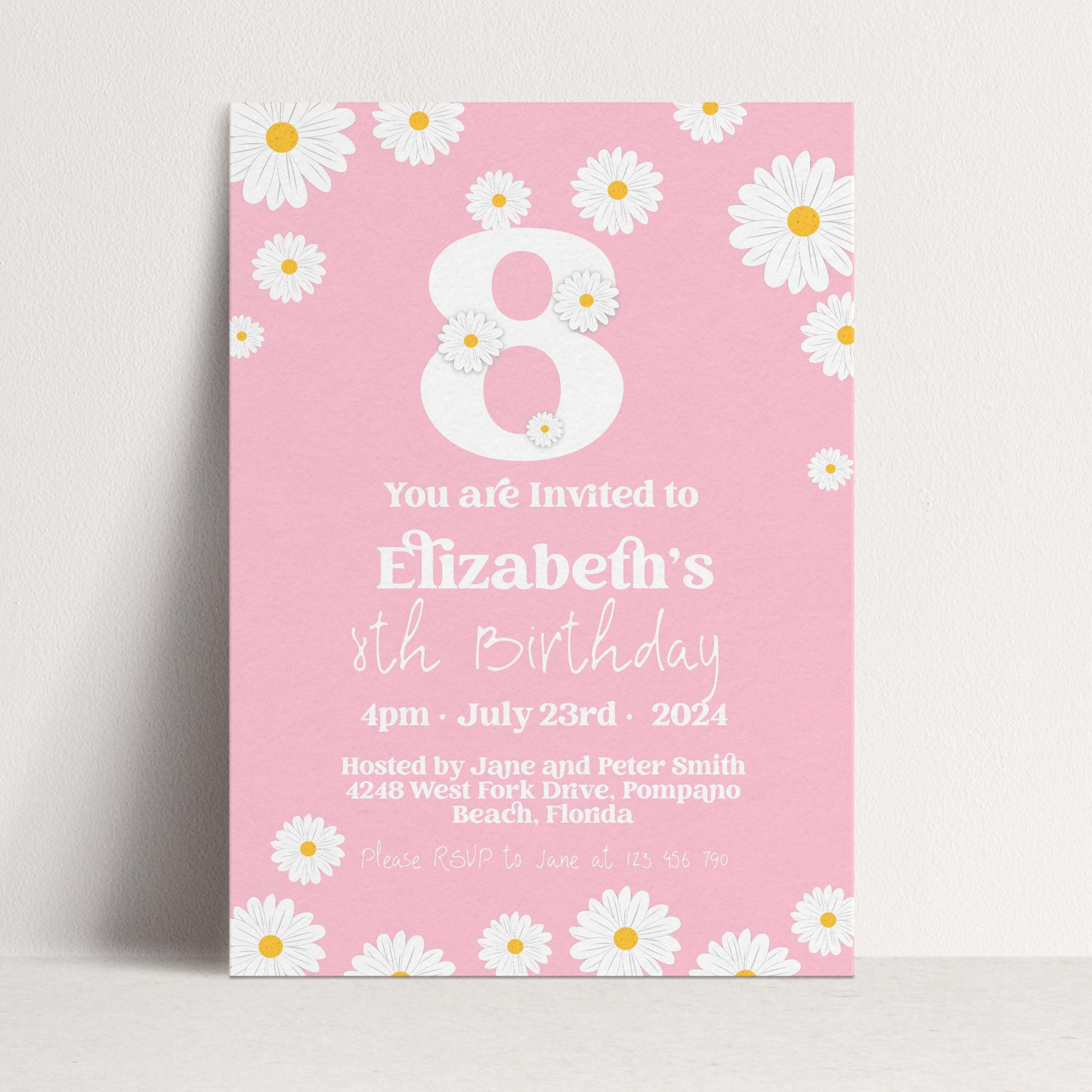 Editable Daisy 8th Birthday Invitation, Printable Kids Party Invite