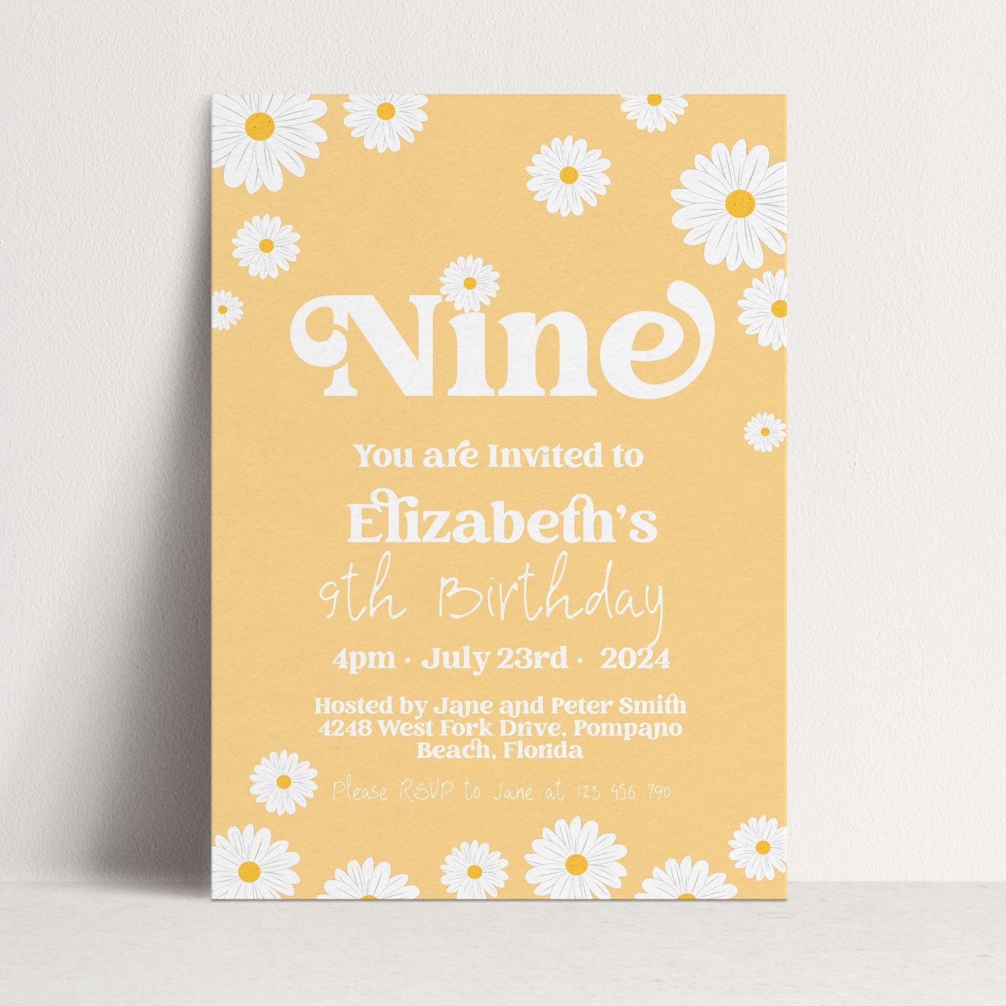 Daisy 8th Birthday Invitation Editable Template Yellow Daisy Invite For Her 8 Year Old Retro Invite Party Celebration Digital Download