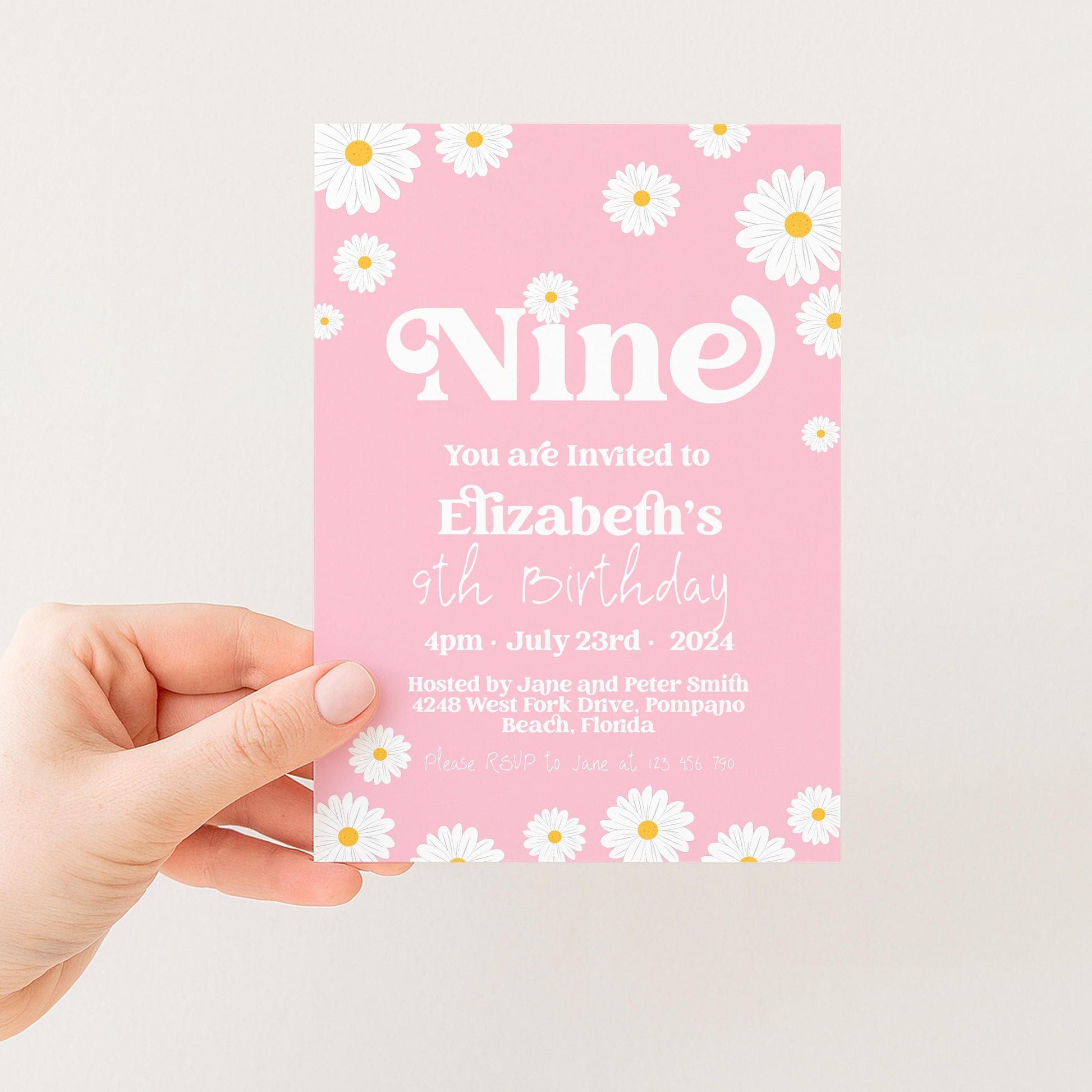 Daisy 9th Birthday Invitation Editable Template Yellow Daisy Invite For Her 9 Year Old Retro Invite Party Celebration Digital Download