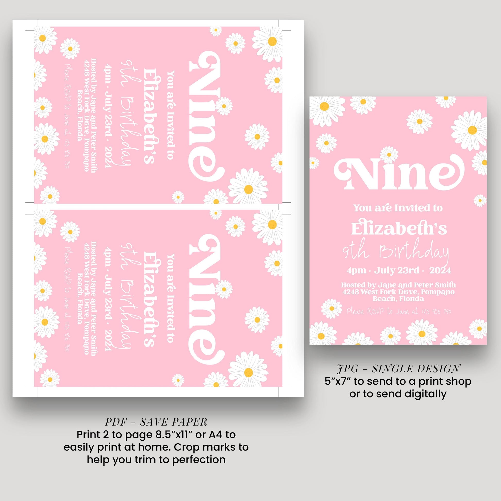 Daisy 9th Birthday Invitation Editable Template Yellow Daisy Invite For Her 9 Year Old Retro Invite Party Celebration Digital Download