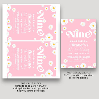 Daisy 9th Birthday Invitation Editable Template Yellow Daisy Invite For Her 9 Year Old Retro Invite Party Celebration Digital Download