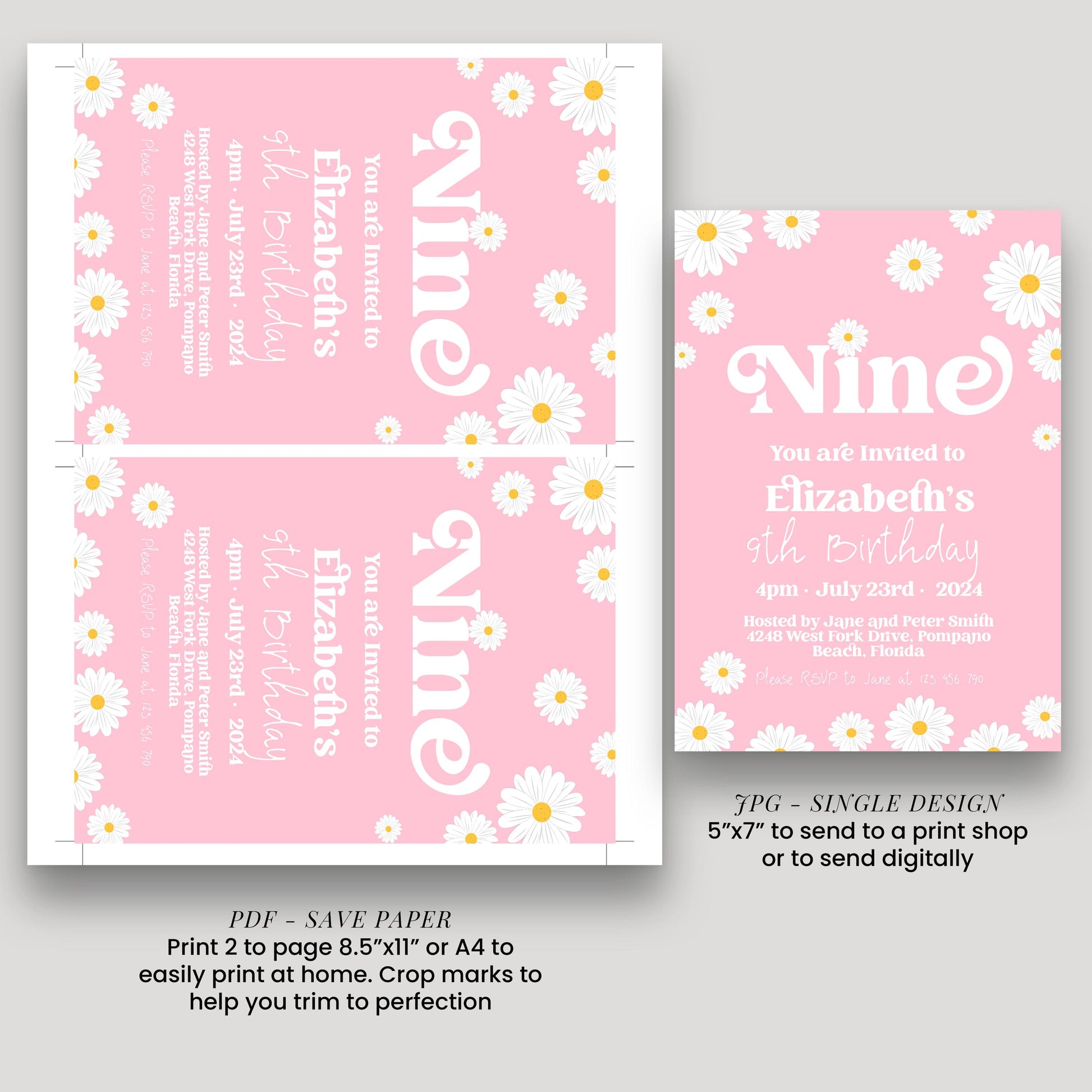 Editable Daisy 9th Birthday Invitation Editable Template Pink Invite For Her 9 Year Old Retro Invite Party Celebration Digital Download