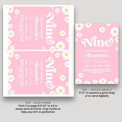 Editable Daisy 9th Birthday Invitation Editable Template Pink Invite For Her 9 Year Old Retro Invite Party Celebration Digital Download