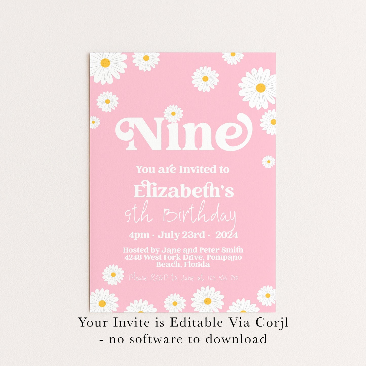 Daisy 9th Birthday Invitation Editable Template Yellow Daisy Invite For Her 9 Year Old Retro Invite Party Celebration Digital Download