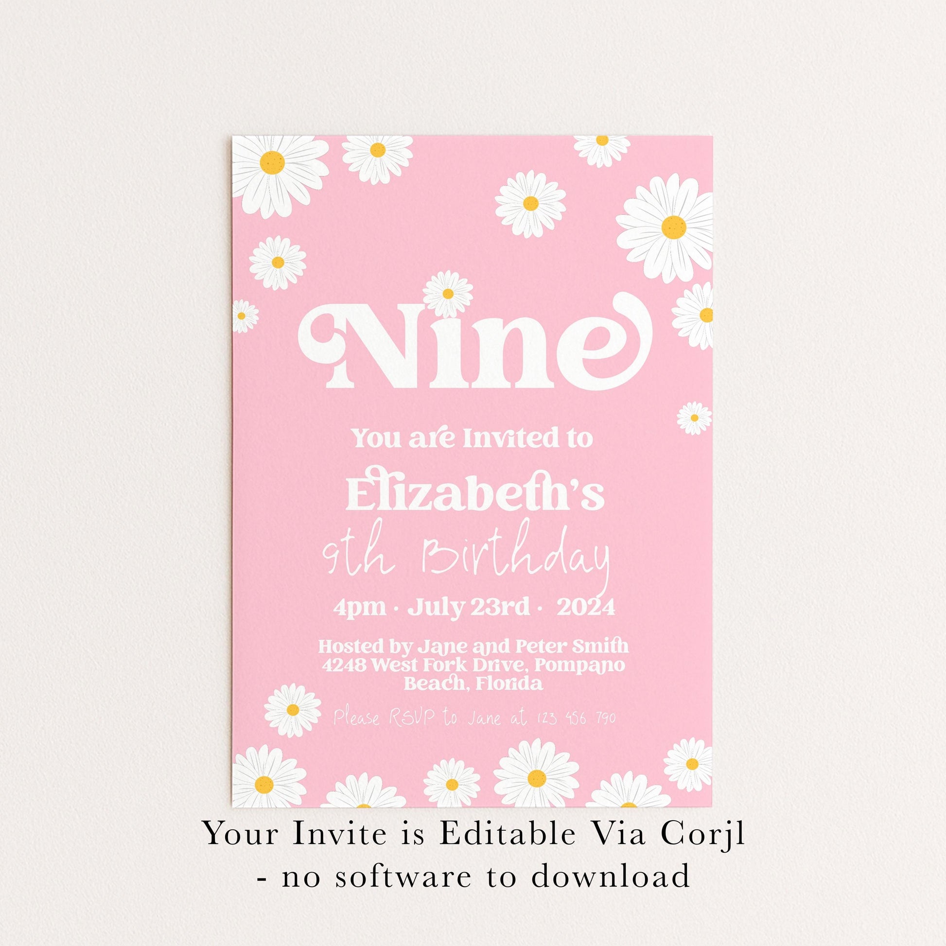 Daisy 9th Birthday Invitation Editable Template Yellow Daisy Invite For Her 9 Year Old Retro Invite Party Celebration Digital Download