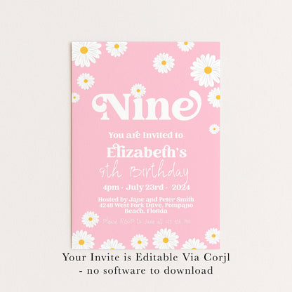 Daisy 9th Birthday Invitation Editable Template Yellow Daisy Invite For Her 9 Year Old Retro Invite Party Celebration Digital Download