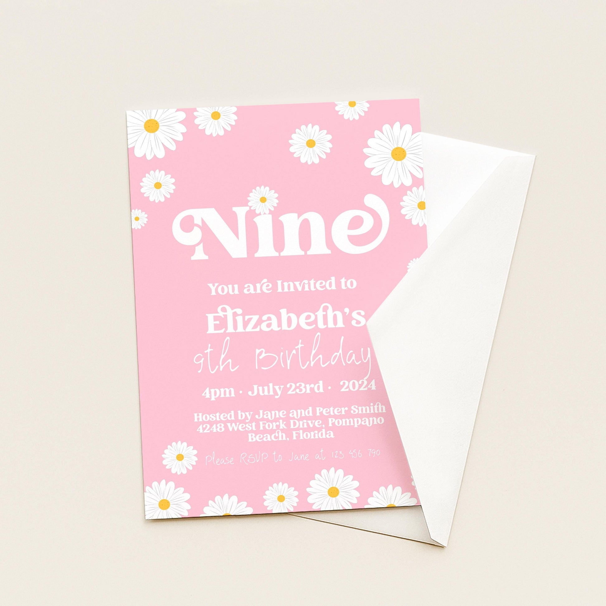 Daisy 9th Birthday Invitation Editable Template Yellow Daisy Invite For Her 9 Year Old Retro Invite Party Celebration Digital Download