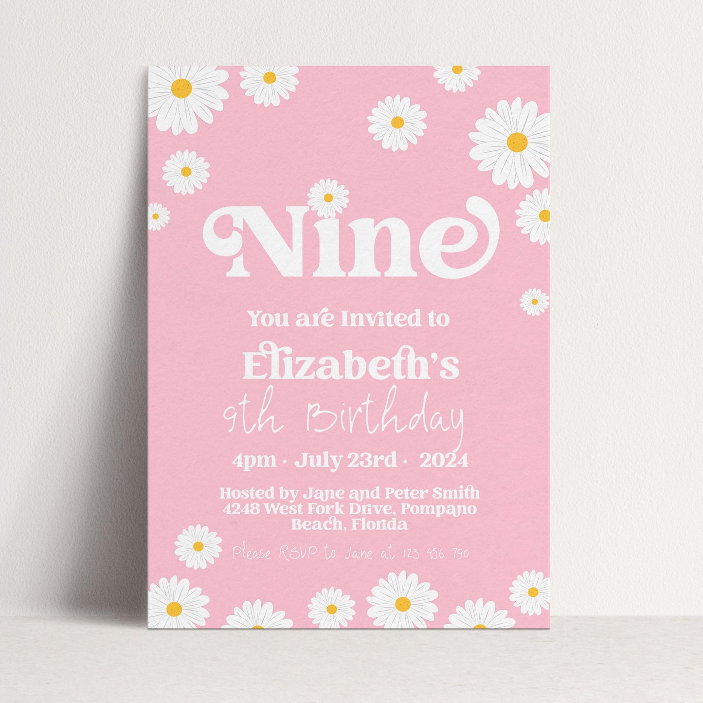 Daisy 9th Birthday Invitation Editable Template Yellow Daisy Invite For Her 9 Year Old Retro Invite Party Celebration Digital Download