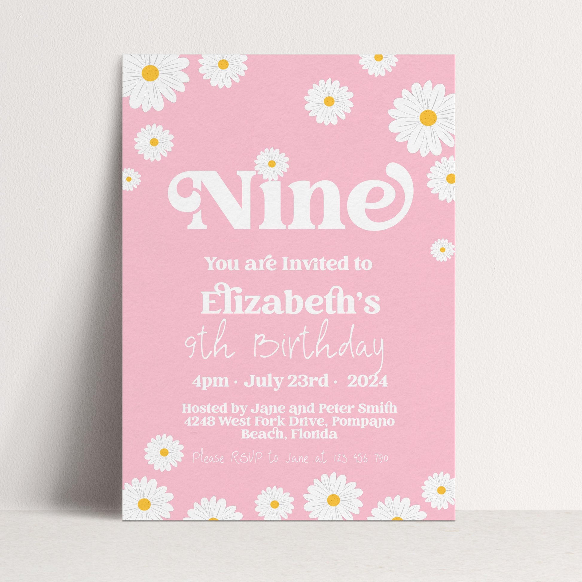 Daisy 9th Birthday Invitation Editable Template Yellow Daisy Invite For Her 9 Year Old Retro Invite Party Celebration Digital Download